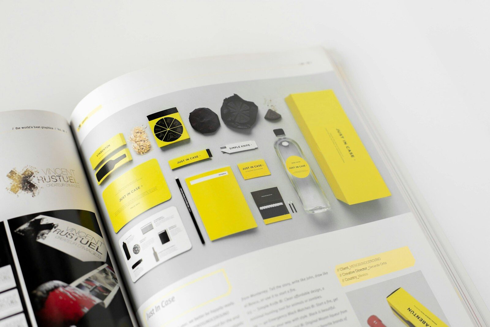 Branding mockup with yellow stationery and packaging in a magazine