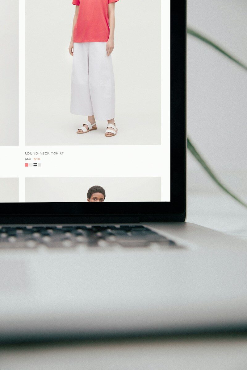 Laptop computer displaying Mango pants