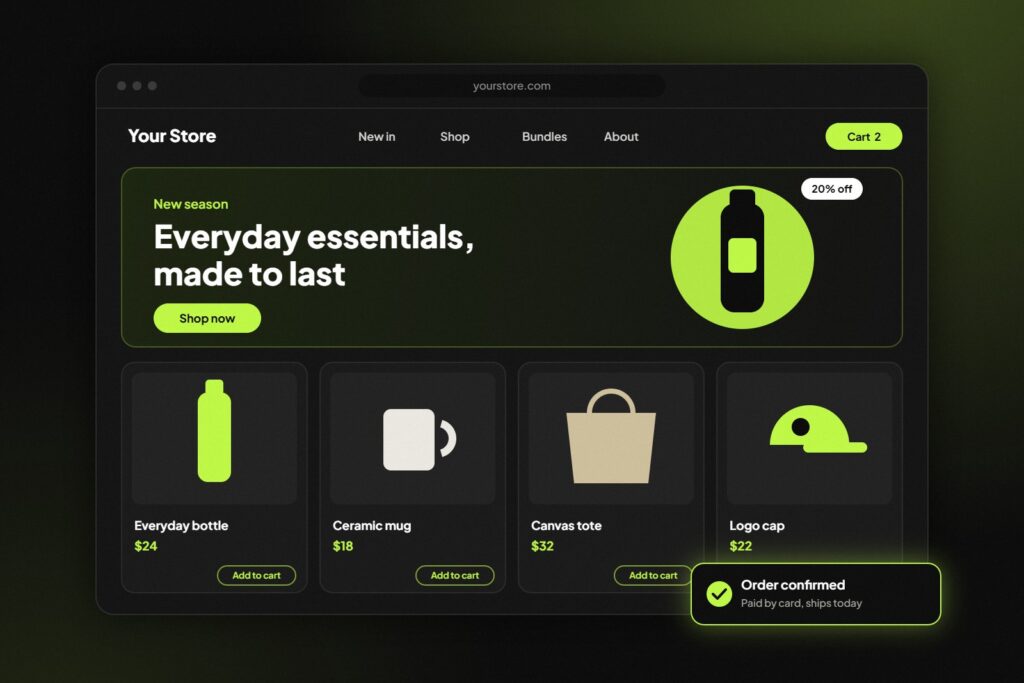 Example online store design with product cards and an order confirmation