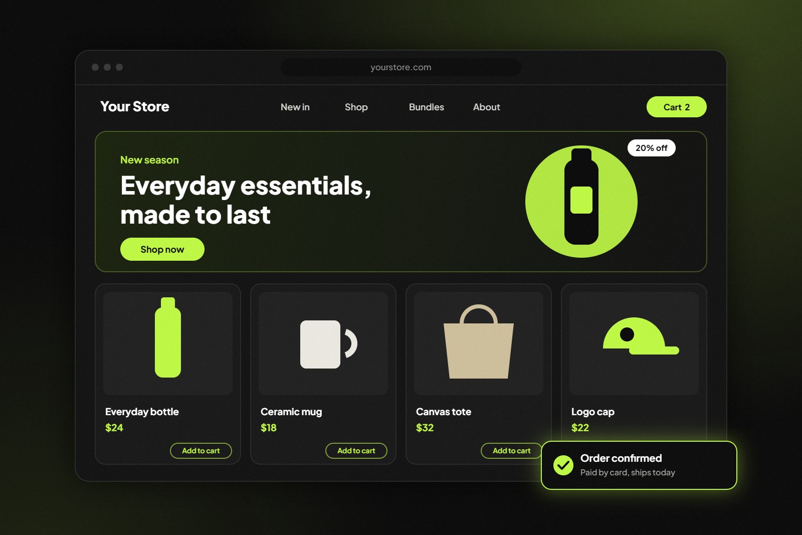 Example online store design with product cards and an order confirmation